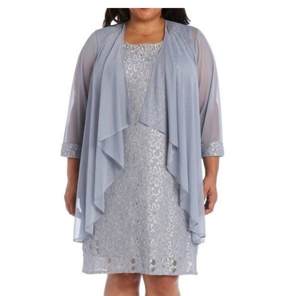 R&M Richards Silver Embroidered Dress With Sheer Jacket NEW